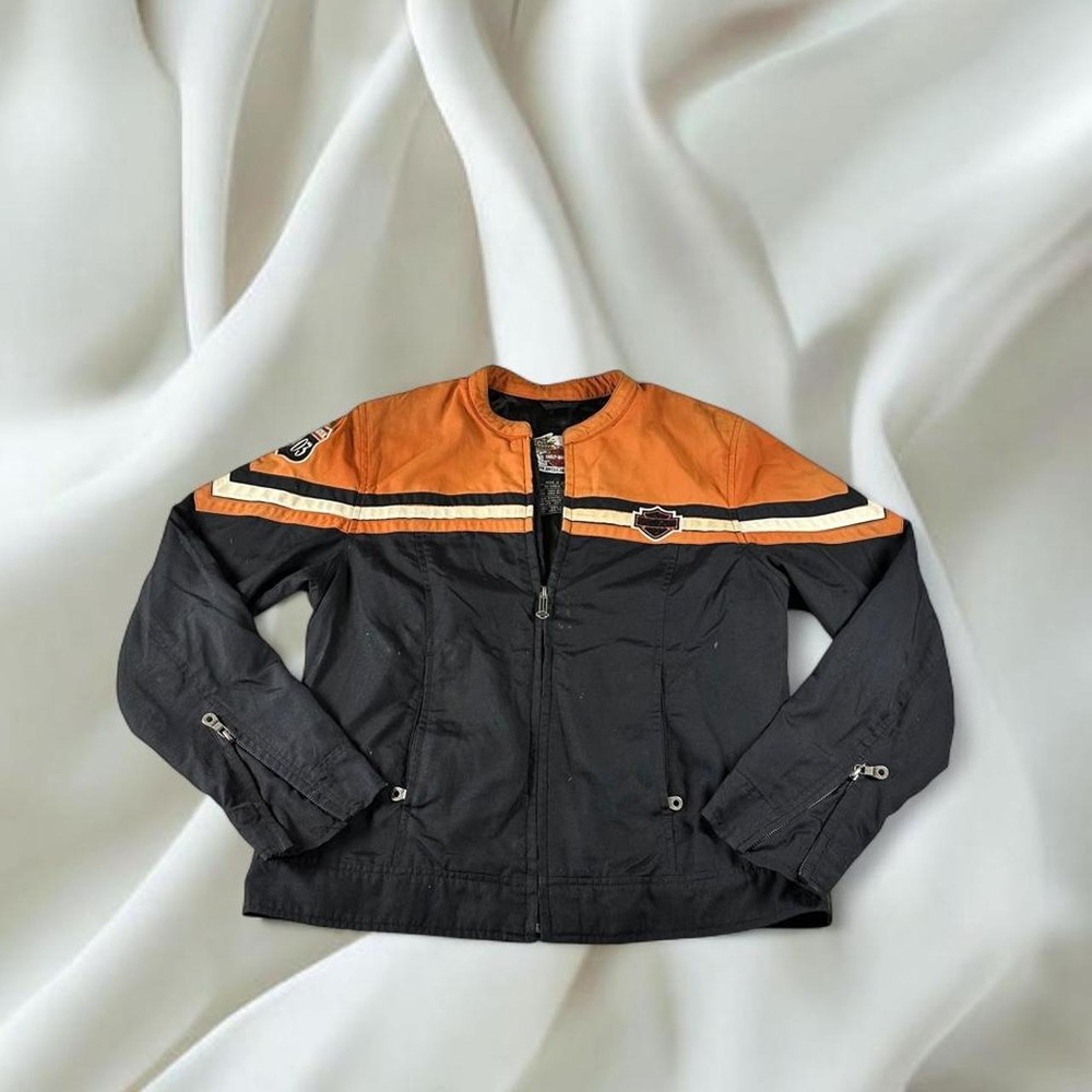 Harley Davidson 2006 black orange striped motorcycle riding jacket y2k grunge